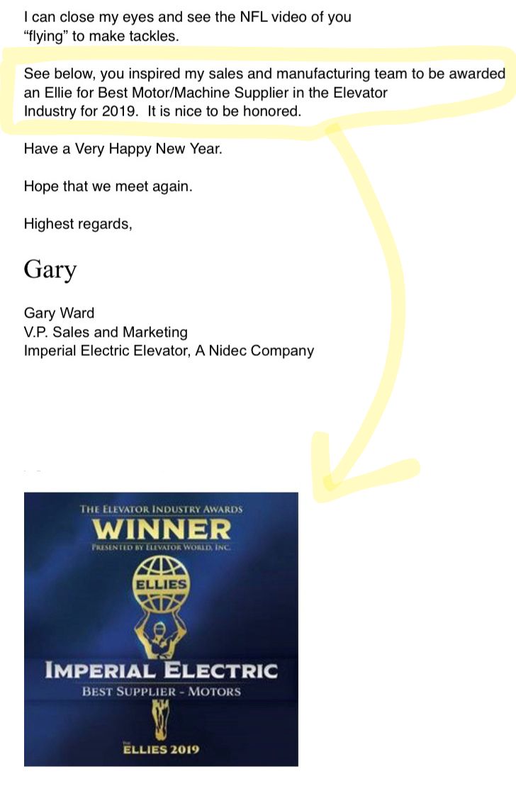Email from VP of Sales describing how David Holloway leadership training helped team win best supplier award